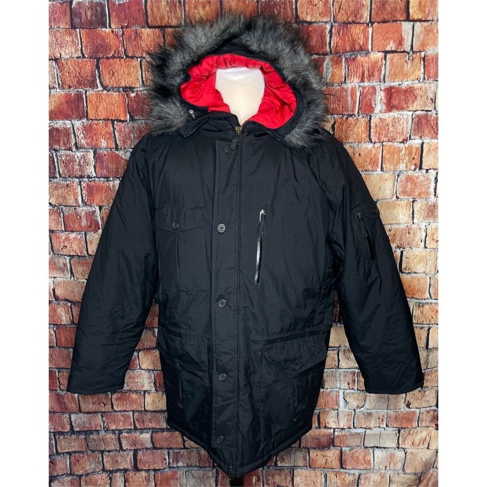 Nike Men’s Medium Black Puffer Heavy Winter Coat Jacket Faux Fur Hooded Full Zip
